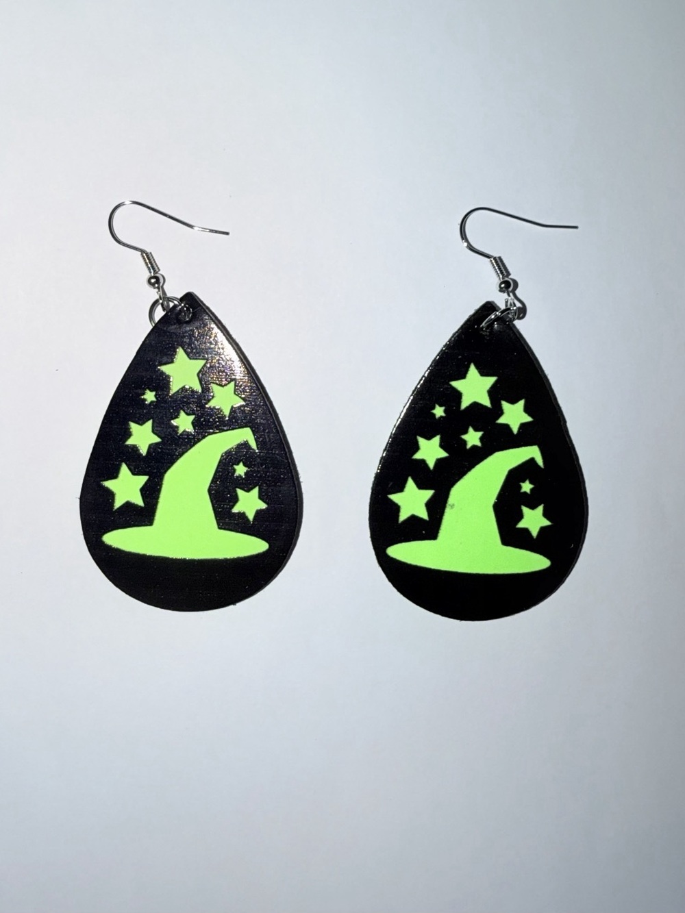Glow-in-the-Dark Witch Hat Earrings in Black & Green